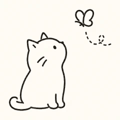 座って蝶を見上げている猫の手描きイラスト